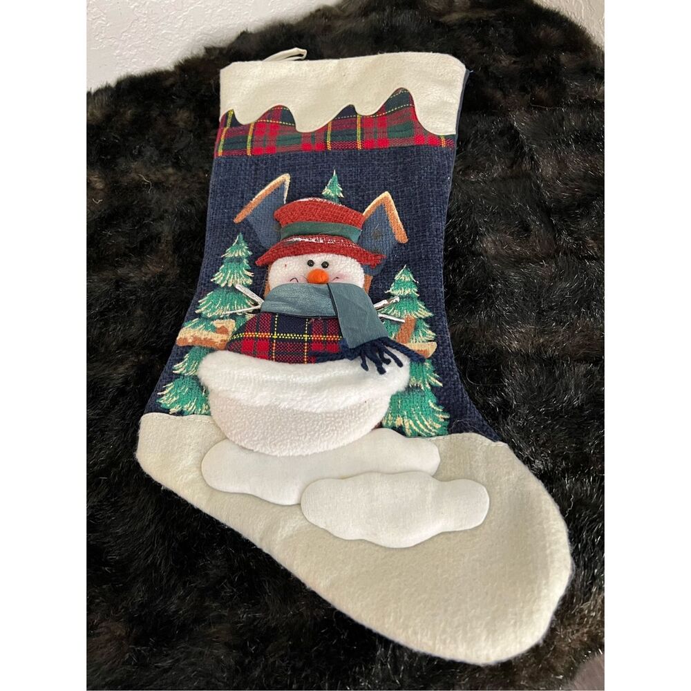 Vintage Dan Dee Snowman Christmas Stocking 3D Fleece 18" Plaid Trim